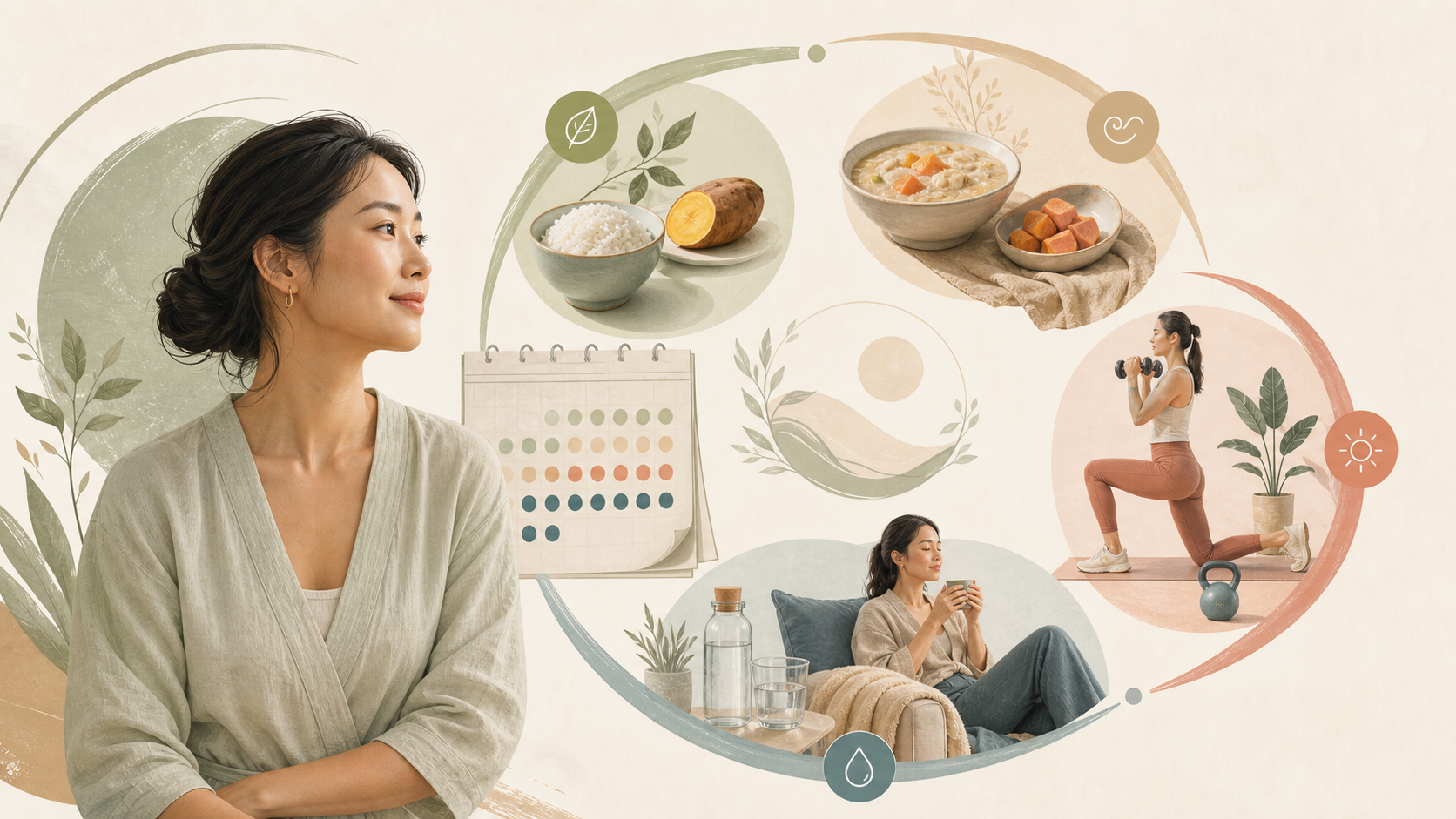 女性月經週期、食慾與碳水安排的健康教育插圖