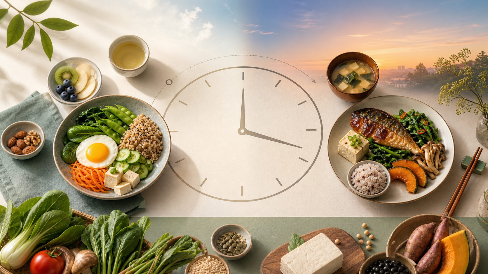 以早晨與傍晚健康餐點及時鐘呈現限時進食與進食時間的關係