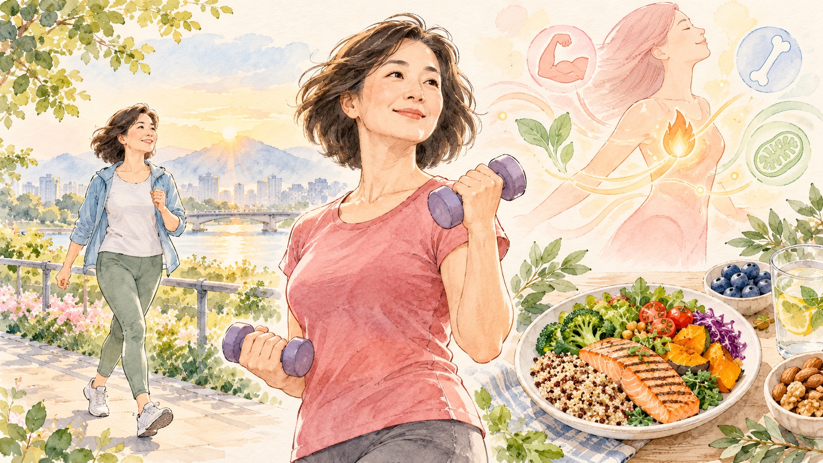 在晨光中散步與照顧自己的水彩圖