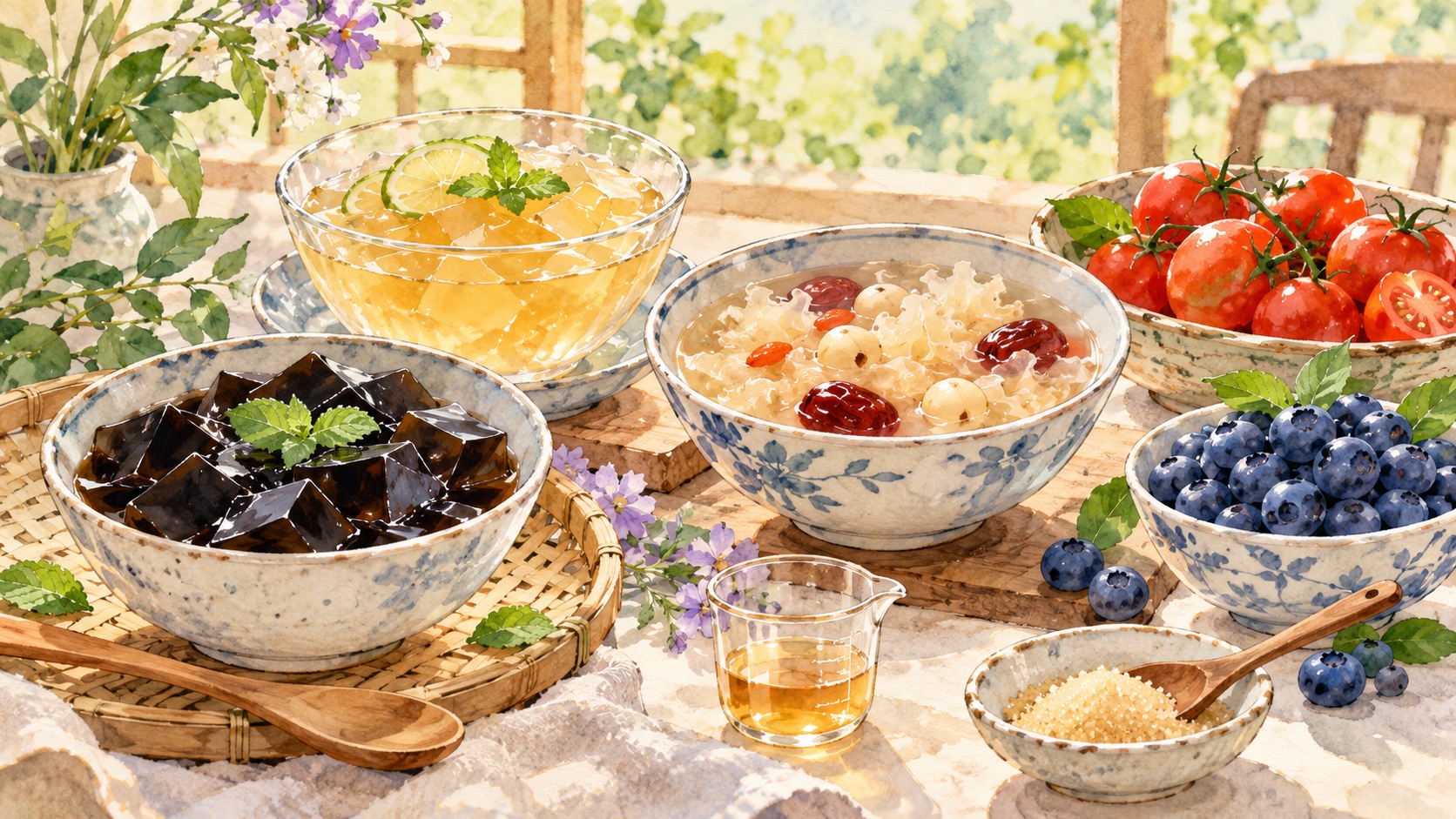 銀耳蓮子湯與天然食材的水彩圖